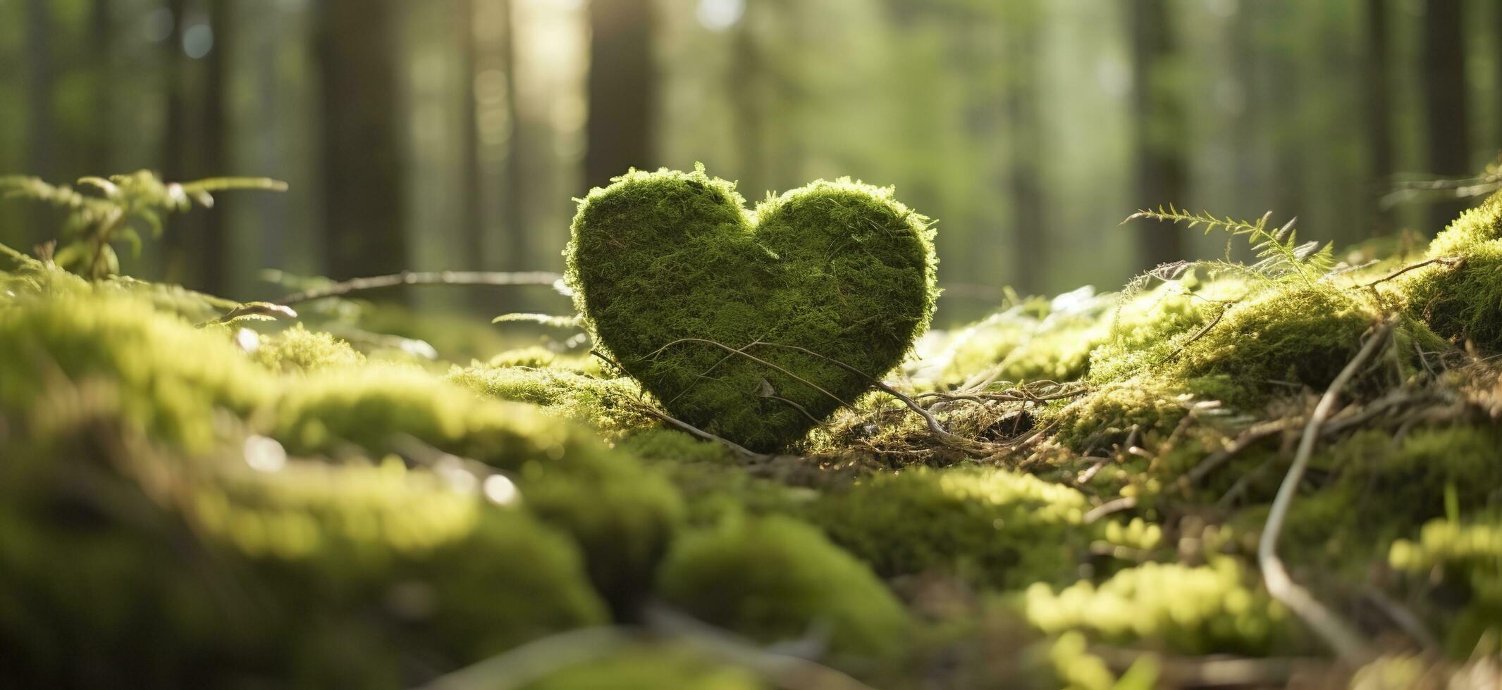 Closeup of wooden heart on moss. Natural burial grave in the woods. Generative AI photo