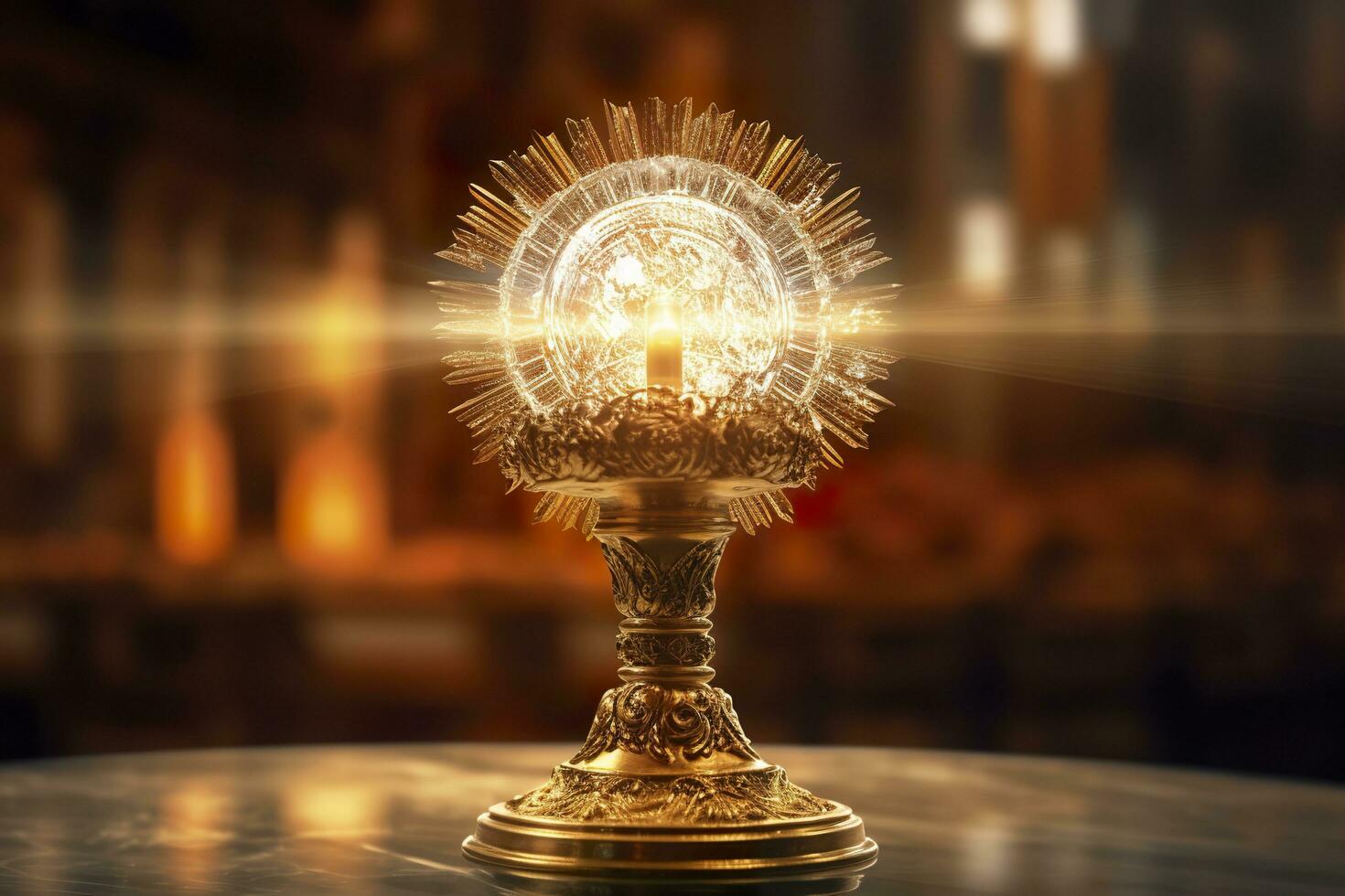 The golden monstrance with a little transparent crystal center, consecrated host. church defocused background. AI Generative photo