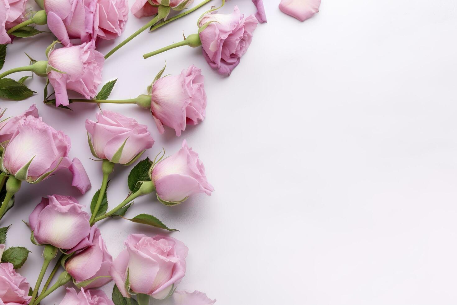 Close up of blooming pink roses flowers and petals isolated on white table background. Floral frame composition. Decorative web banner. Empty space, flat lay, top view. AI Generative photo