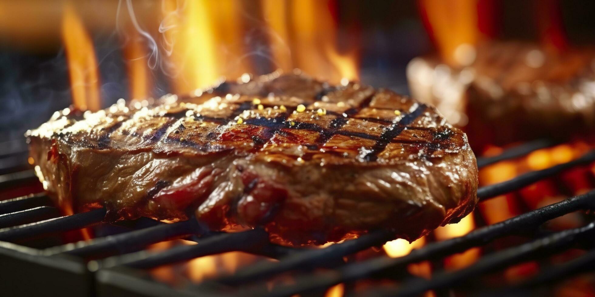 Beef ribeye steak grilling on a flaming grill. Generative AI photo