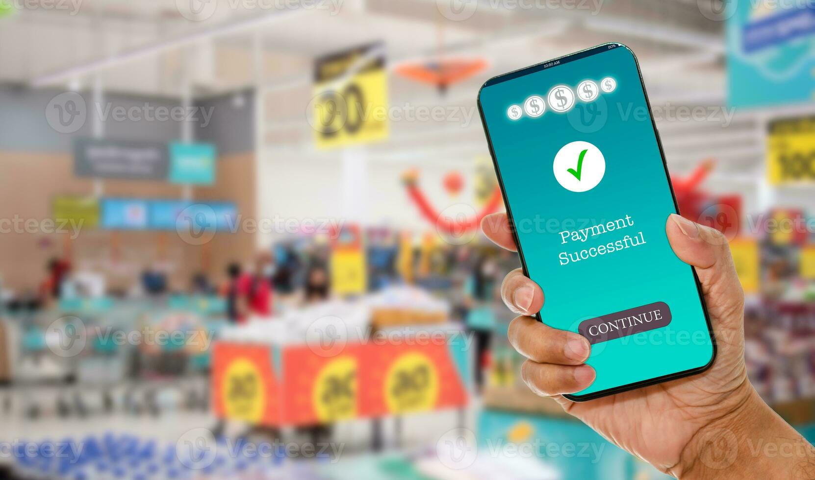 A man's hand holds a smartphone on screen with message Payment Successful in a supermarket. Concept of financial transactions with mobile devices. Closeup, money, transfer, online. blurred background photo