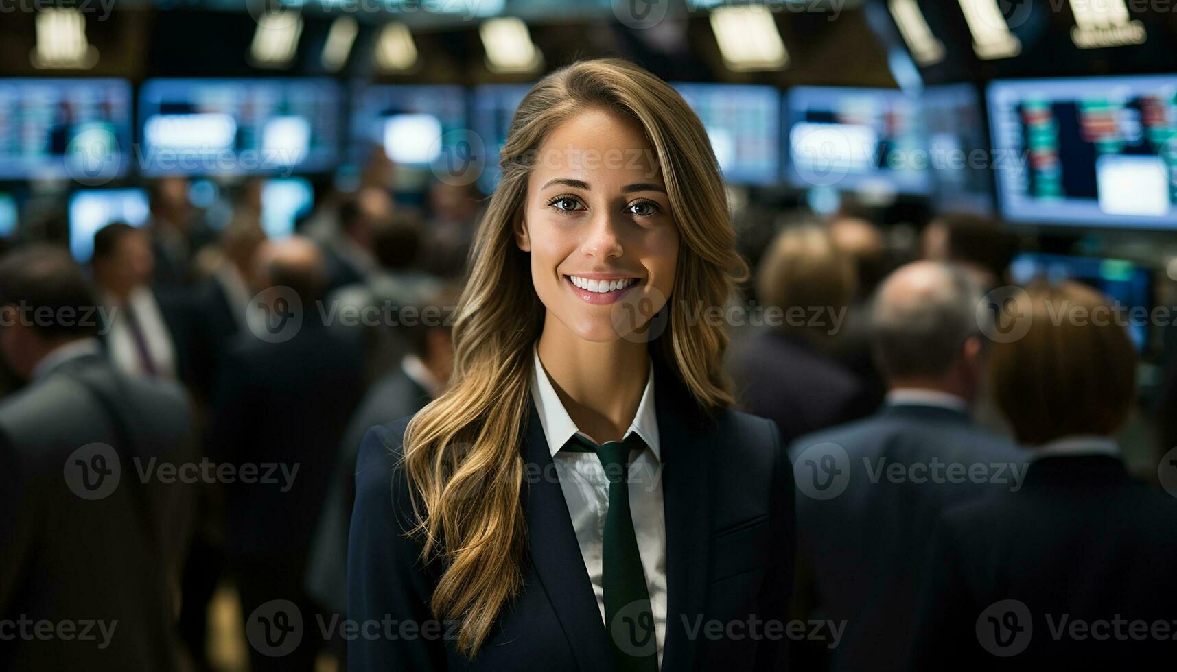 a woman in a business suit looking at camera on stock market, Generated Ai photo