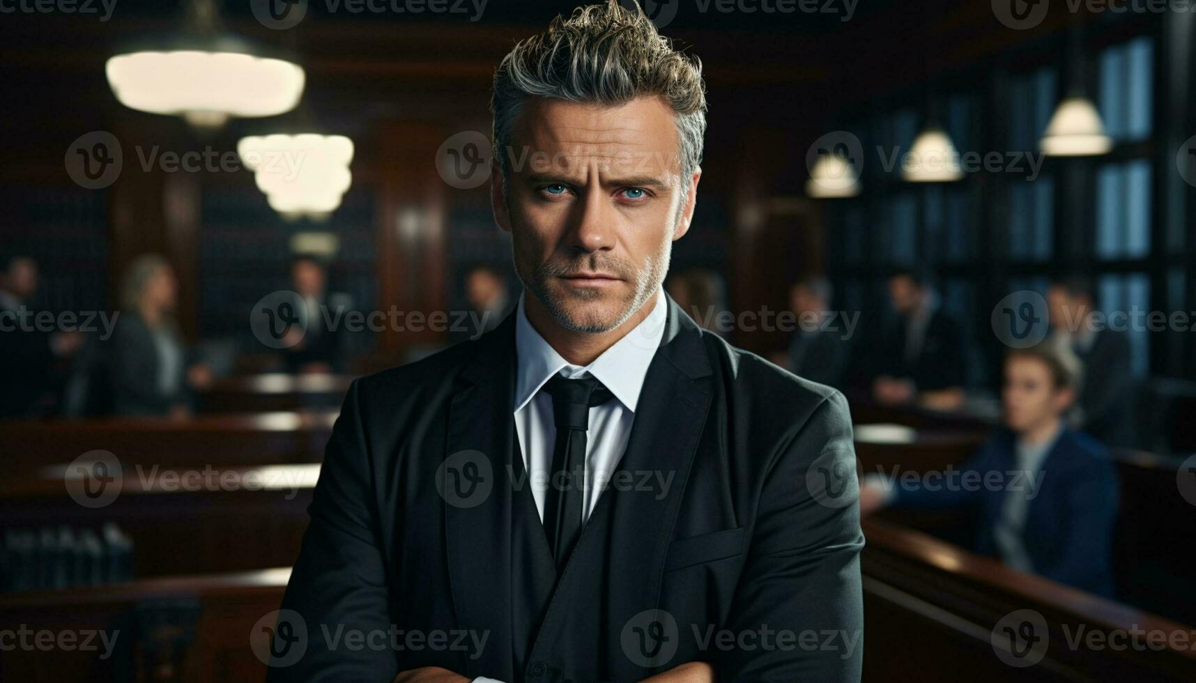 A male lawyer stands confidently in the courtroom, a portrait capturing his professionalism and dedication to the law. Generative Ai. photo