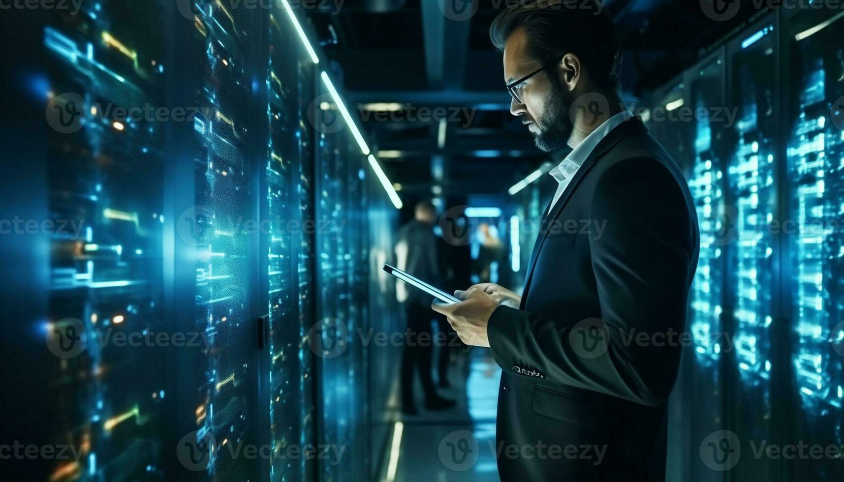 Data center engineers leverage their expertise in technology to manage and maintain the critical infrastructure that supports servers, networks, databases, and other systems. Generative Ai. photo
