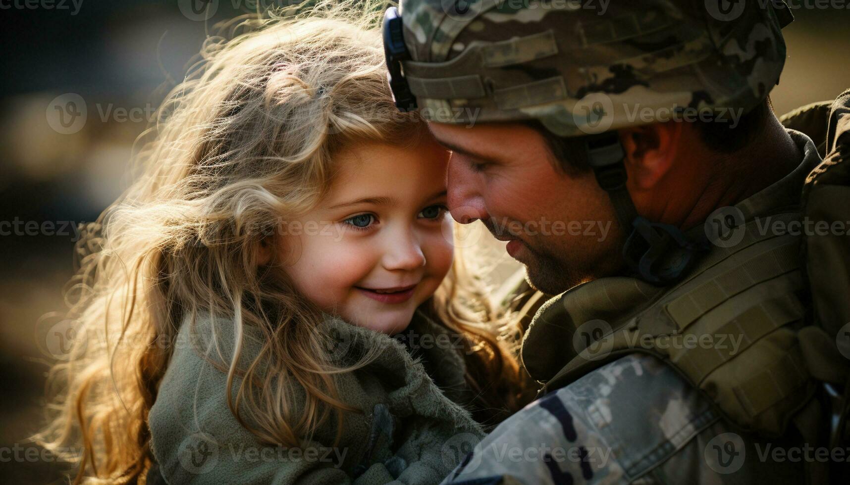 The affectionate reunion of a military father with his young daughter filled their family with joy as they came together, the bond between parent and child stronger than ever. Generative Ai photo