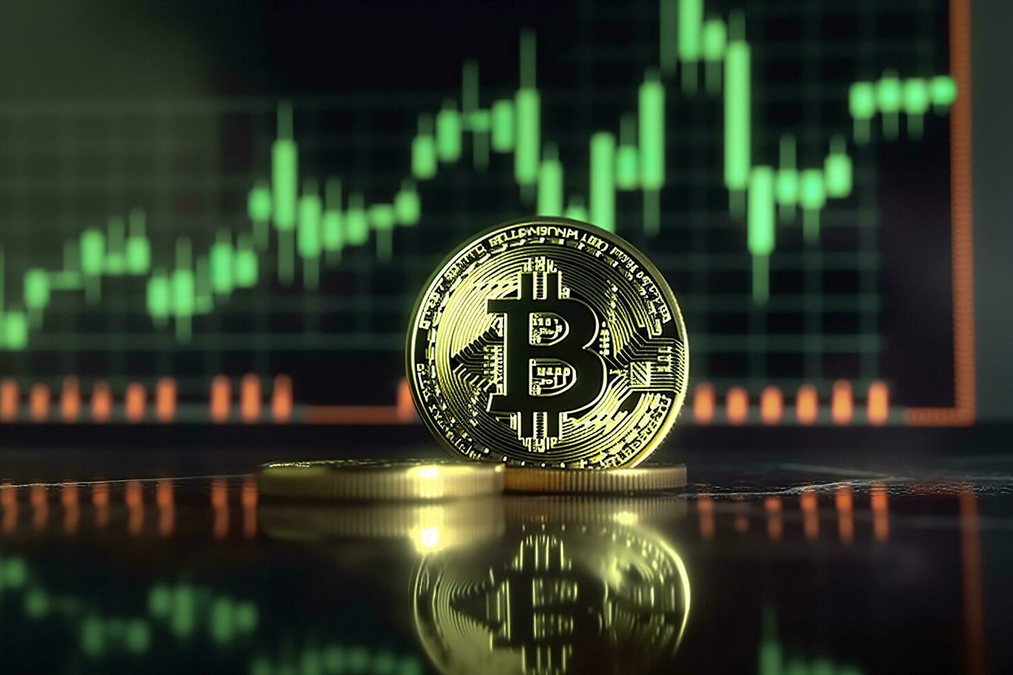 Bitcoin with green graph on computer screen background, Crypto currency trading. AI Generative photo