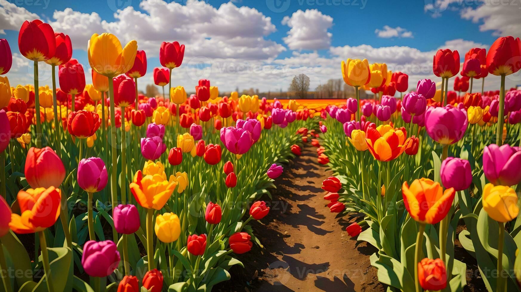 Radiant Spring Symphony, A Mesmerizing Tapestry of Vibrant Tulip Blossoms Painting the Landscape with Nature's Palette. AI Generated photo