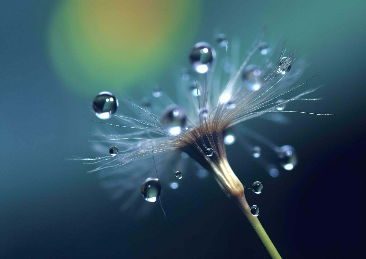 Beautiful dew drops on a dandelion seed macro. Beautiful blue background. Generative AI photo