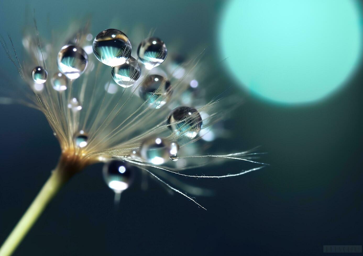 Beautiful dew drops on a dandelion seed macro. Beautiful blue background. Generative AI photo