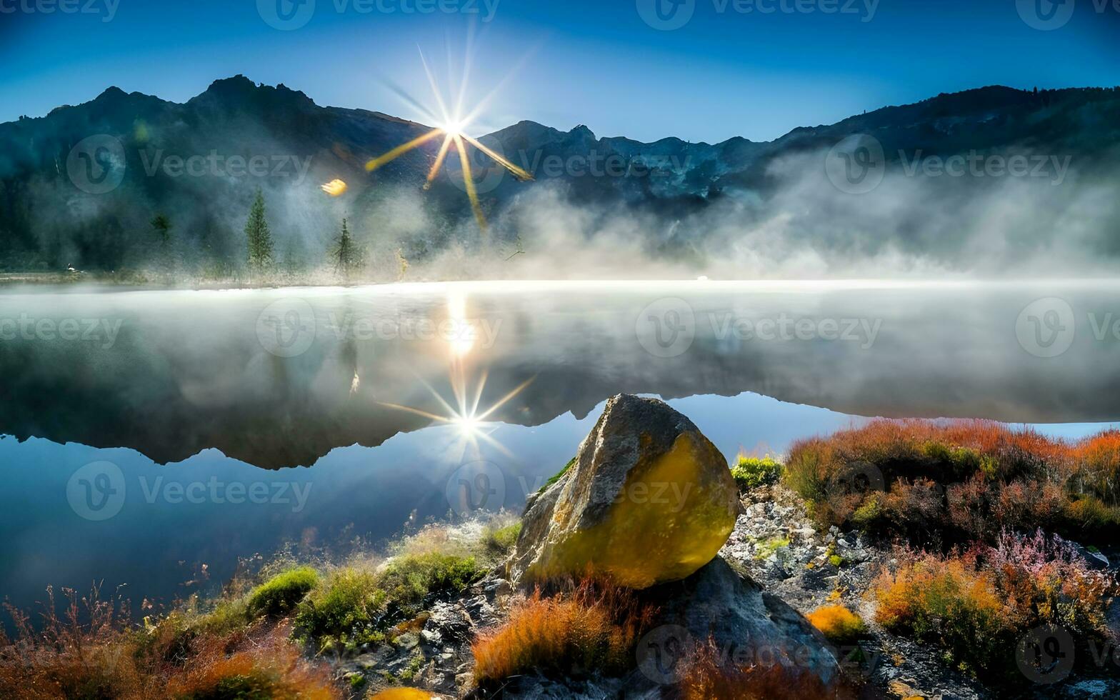 Ephemeral Serenity, A Mesmerizing Dawn Over the Mist-Laden Lake. AI Generated photo