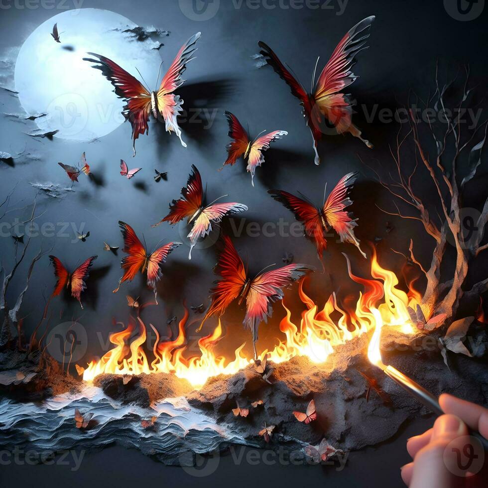 Inferno Ballet, A Surreal Symphony of Fire-Breathing Butterflies Illuminating the Night Sky. AI Generated photo