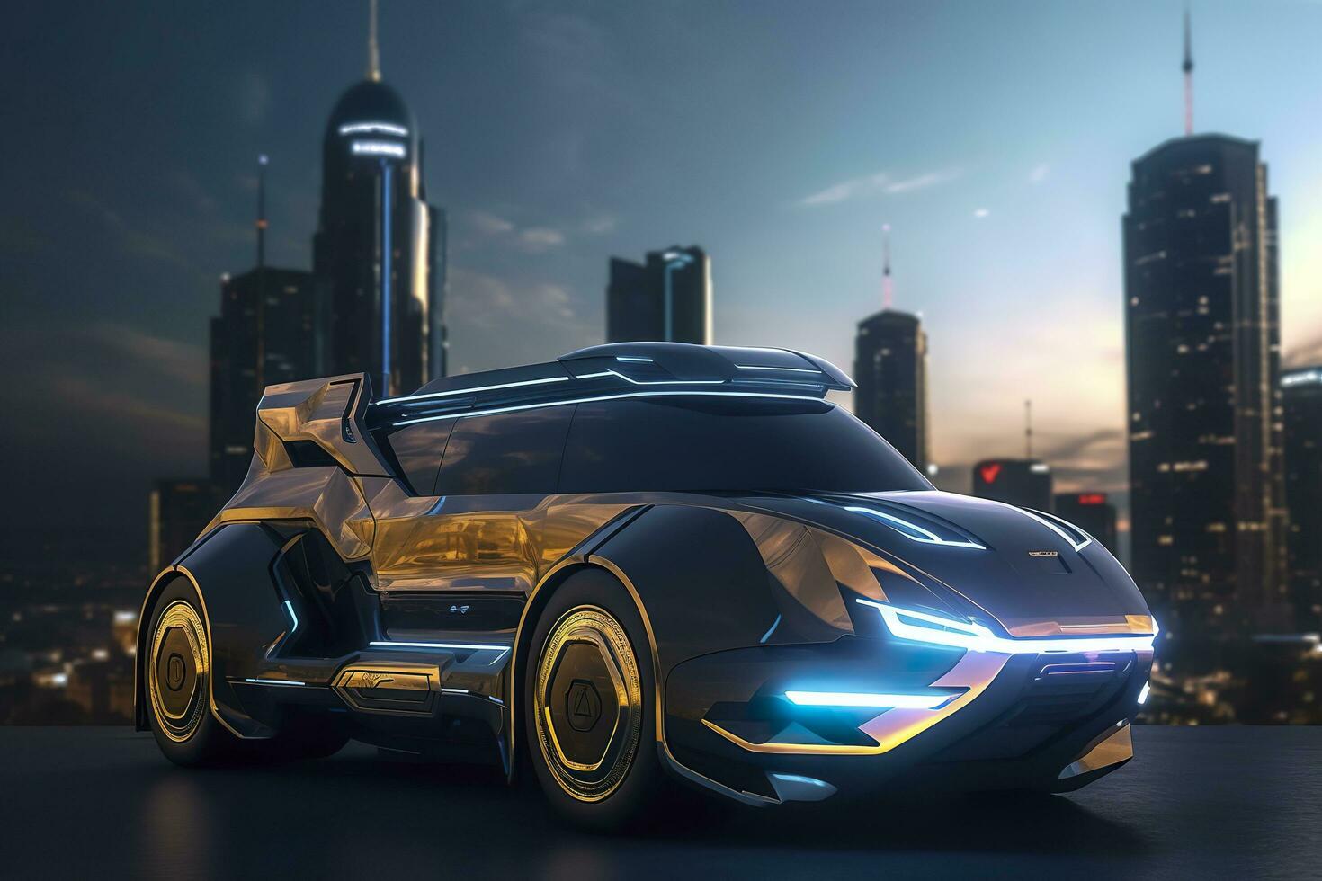 23rd Century Futuristic Truck with Hyper Modern Drive, Wide Angle Lens, and Futuristic Skyscraper in the Background. AI Generative photo
