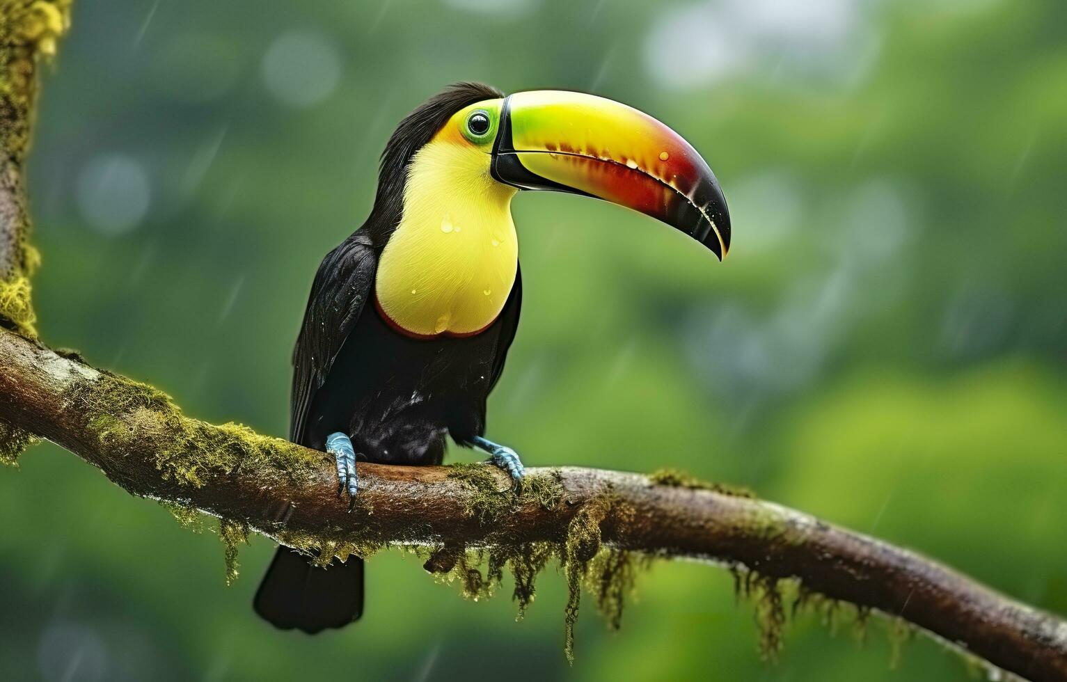 Chesnut mandibled Toucan sitting on the branch in tropical rain with a green jungle. Generative AI photo