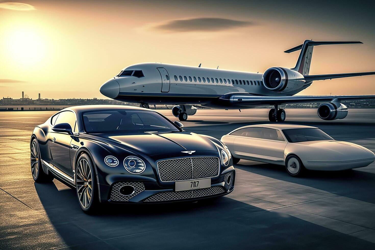 Super car and private jet on landing strip. Business class service at the airport. Business class transfer. Airport shuttle, AI Generative photo