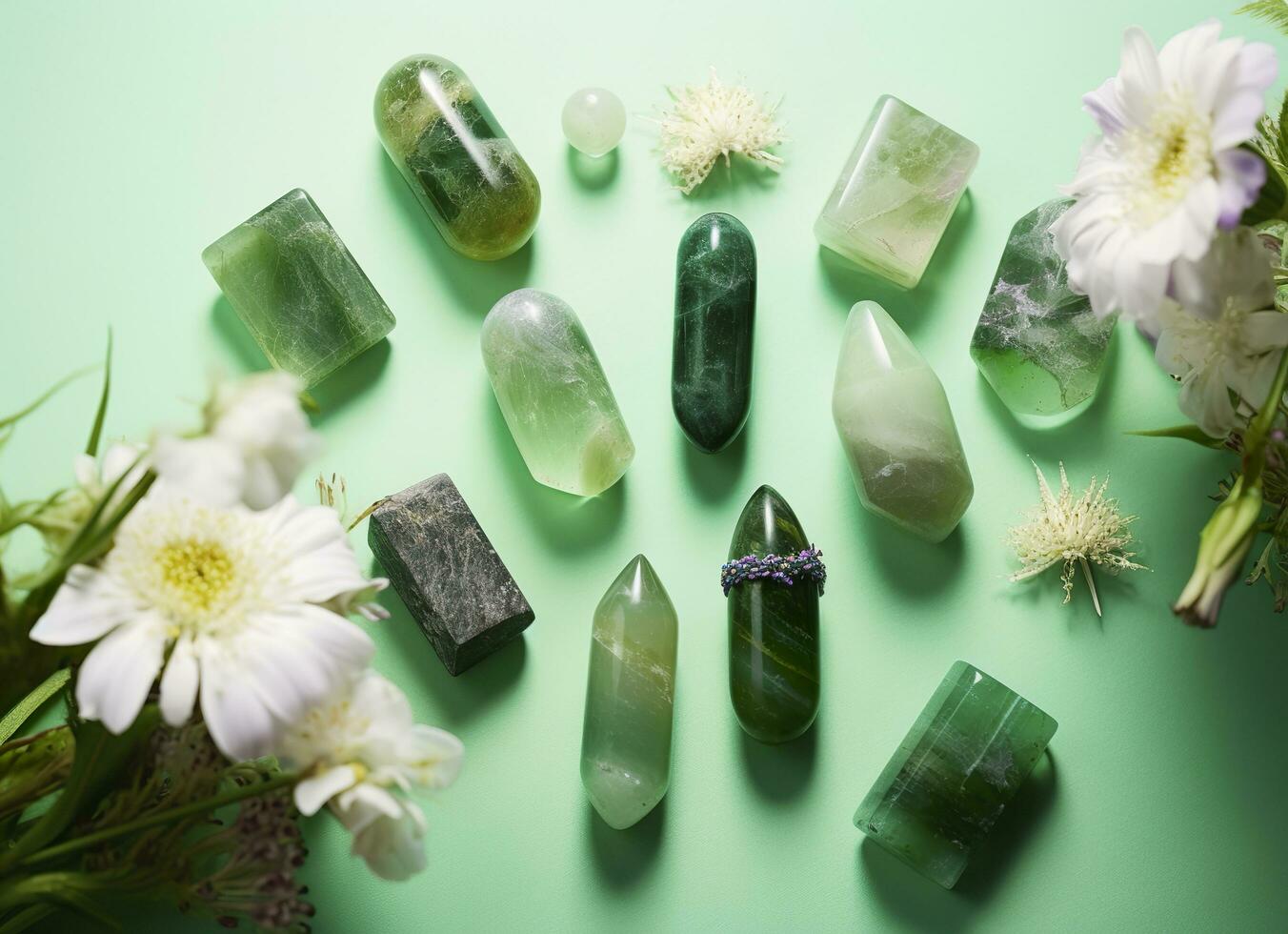 Crystal towers minerals set and white flowers on green abstract background. Generative AI photo