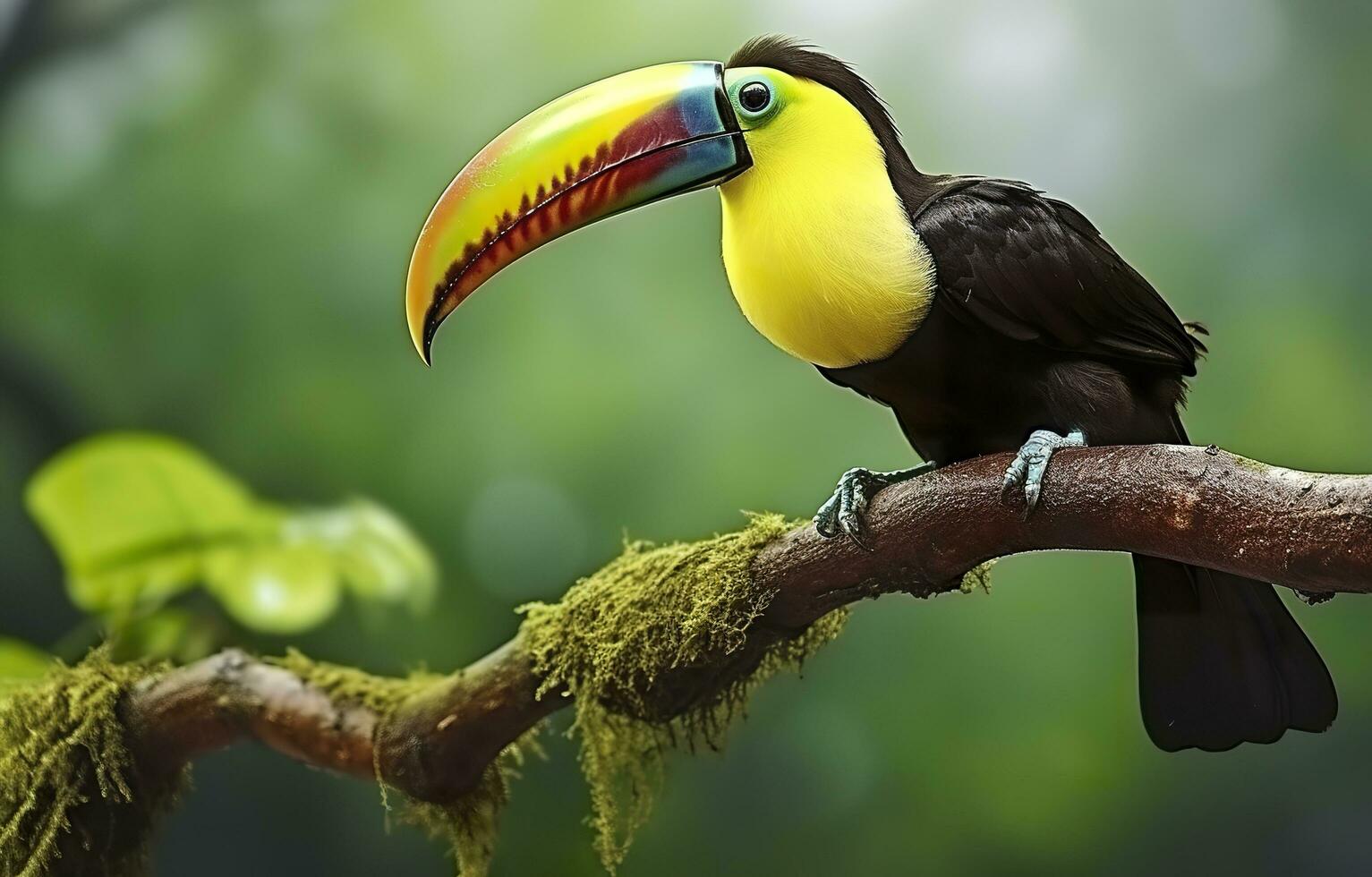 Chesnut mandibled Toucan sitting on the branch in tropical rain with a green jungle. Generative AI photo
