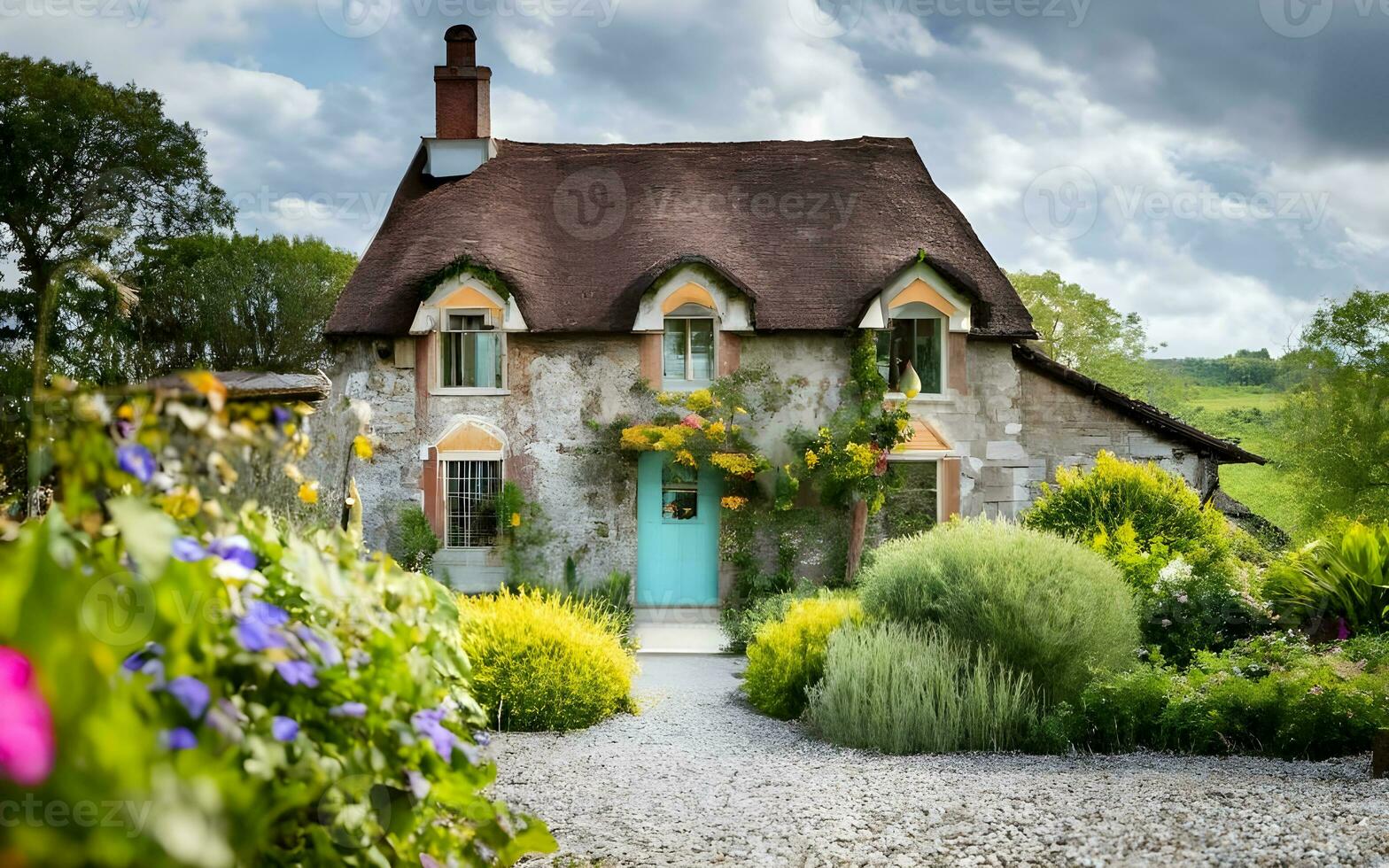 Enchanting Countryside Retreat, A Captivating Glimpse into the Charm of a Quaint Cottage Amidst a Sea of Blooming Flowers. AI Generated photo