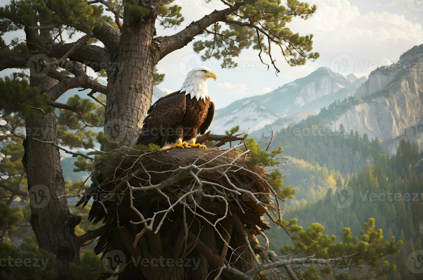 Eagle's Nest Majesty, A Breathtaking Glimpse into the Regal World of Eagles, High in the Canopy. AI Generated photo