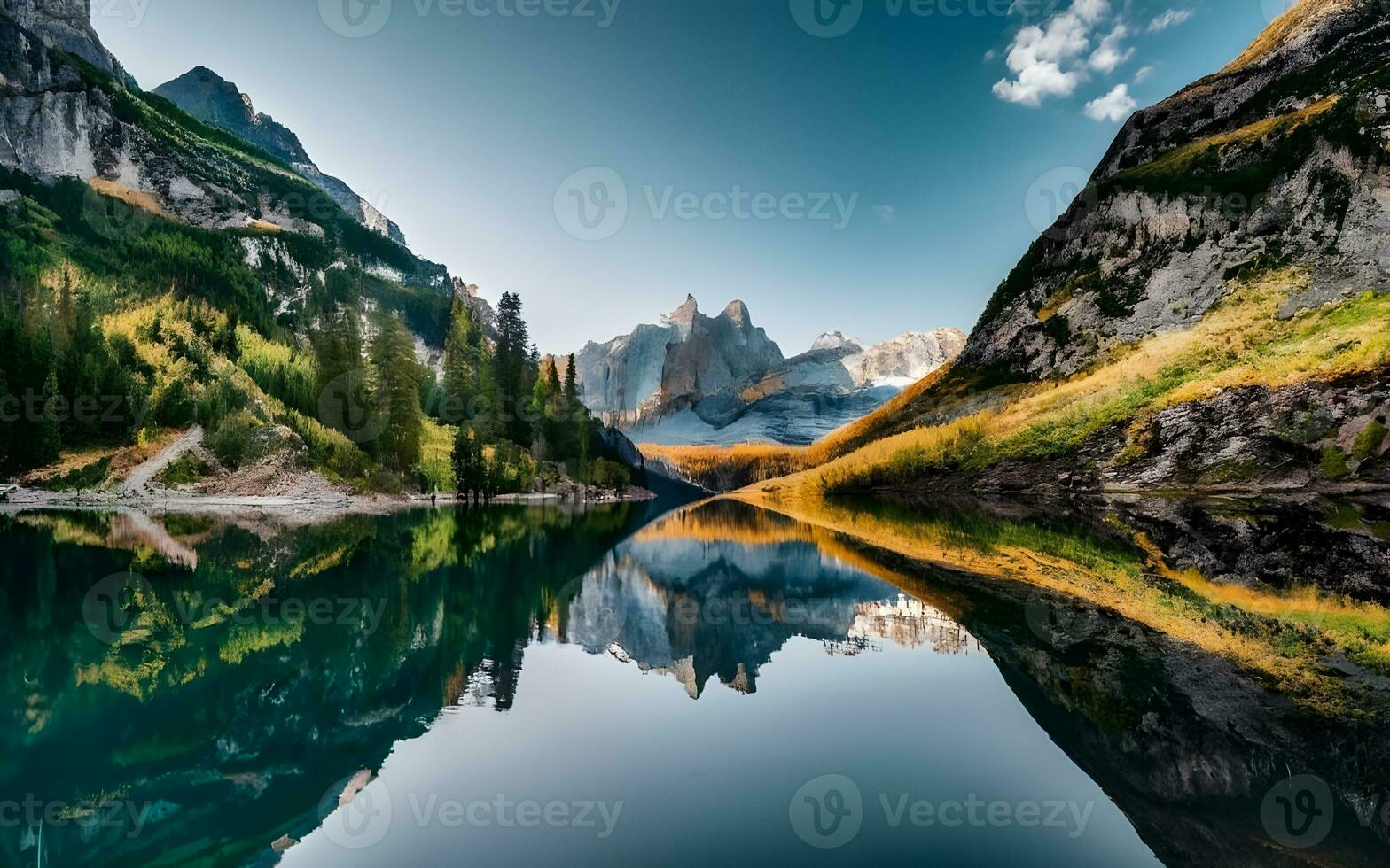 Mirror of Majesty, Capturing the Sublime Reflection of a Dramatic Mountain Range in the Serene Embrace of a Calm Lake. AI Generated photo