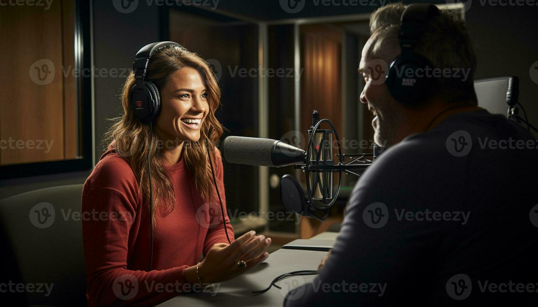 contento radio presentador Hablando dentro un micrófono en el estudio, entretenido oyentes con profesional musical audio. generativo ai foto