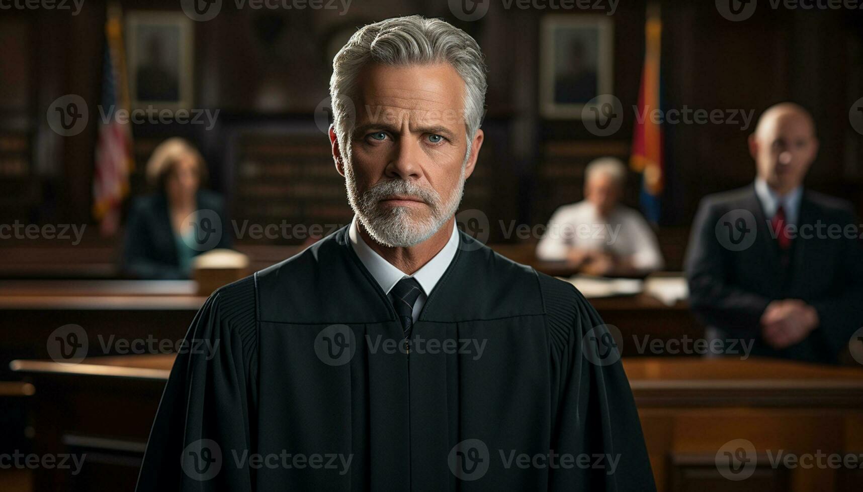 A male lawyer stands confidently in the courtroom, a portrait capturing his professionalism and dedication to the law. Generative Ai. photo