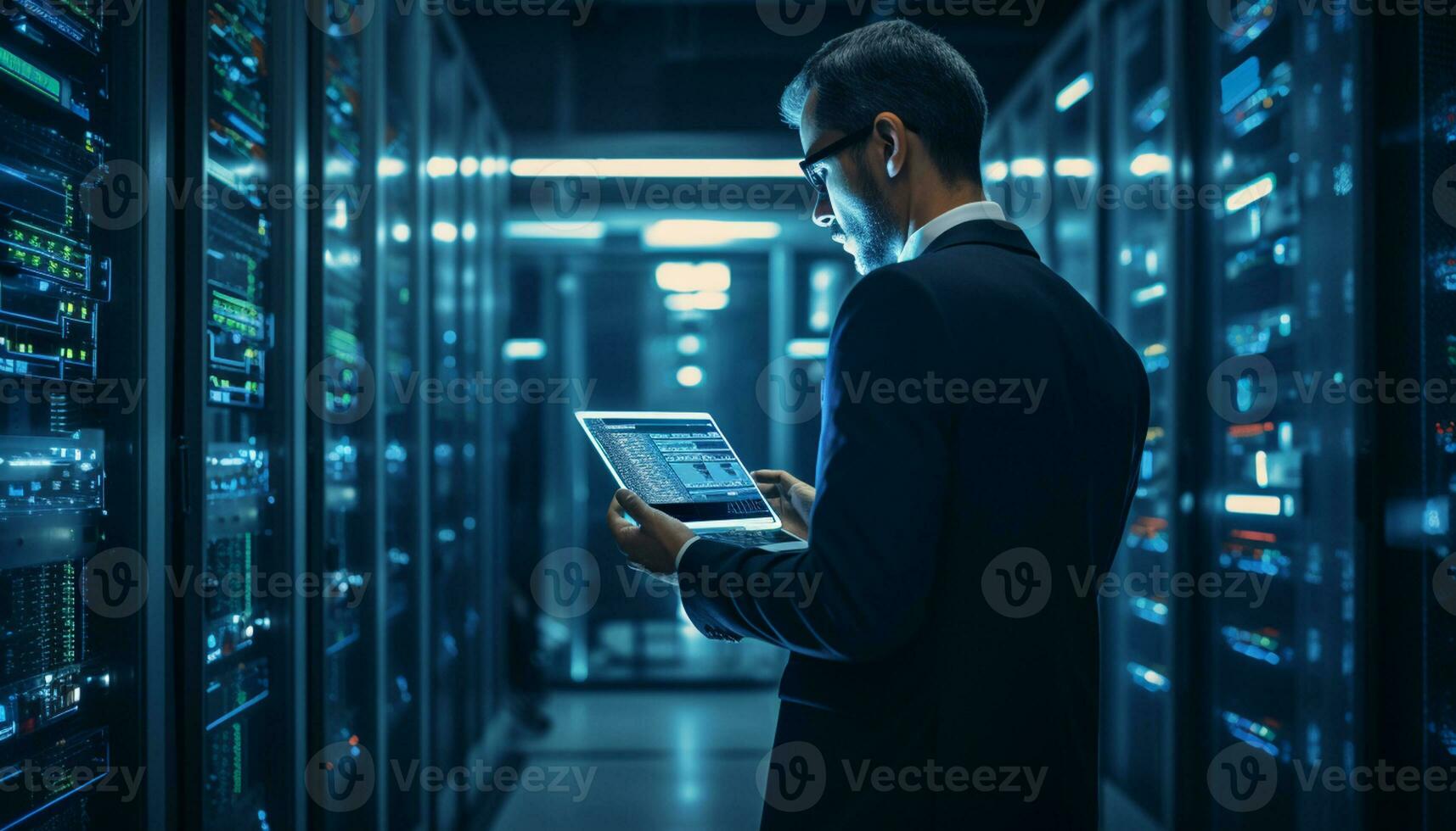 Data center engineers leverage their expertise in technology to manage and maintain the critical infrastructure that supports servers, networks, databases, and other systems. Generative Ai. photo