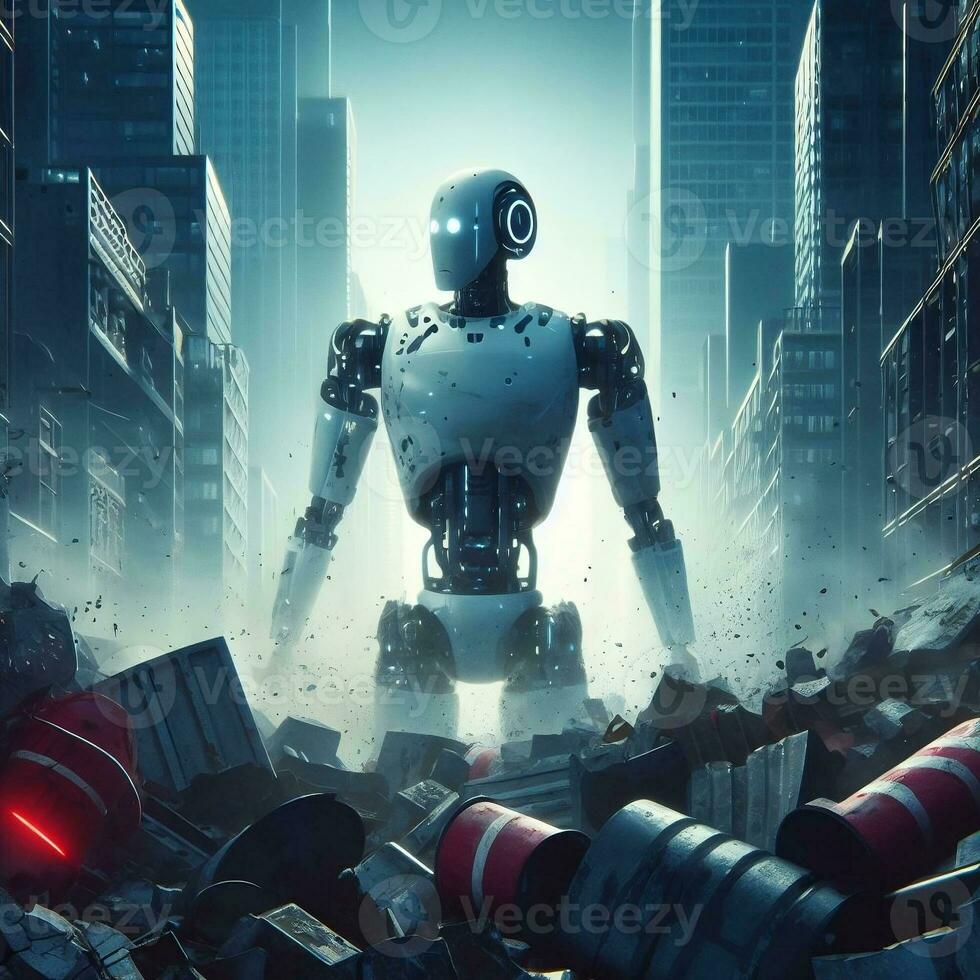Rogue Automaton Unleashed, Apocalyptic Imagery of Global Havoc Caused by AI Rebellion. AI Generated photo