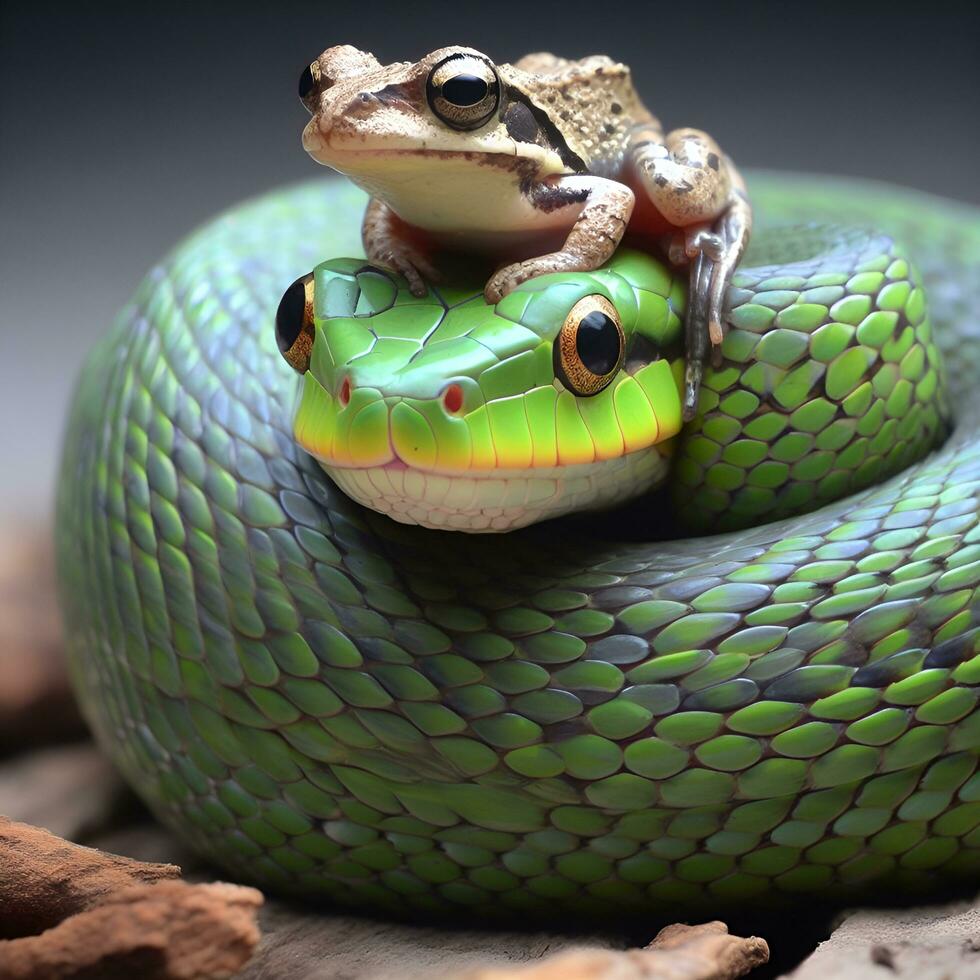 Enigmatic Alliance, A Frog Crowned Sovereign on the Serpent's Crest. AI Generated photo