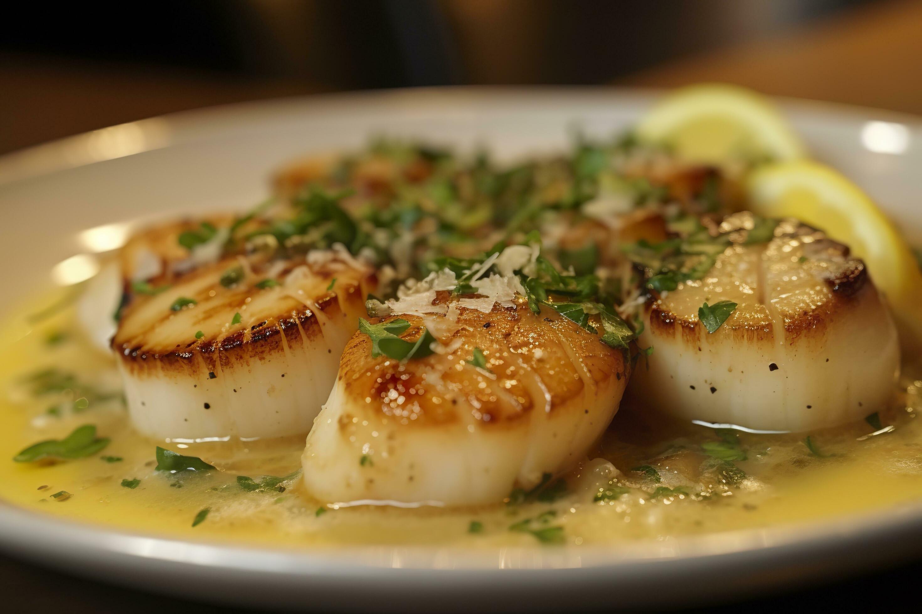 Closeup of pan seared diver scallops with lemon beurre blanc