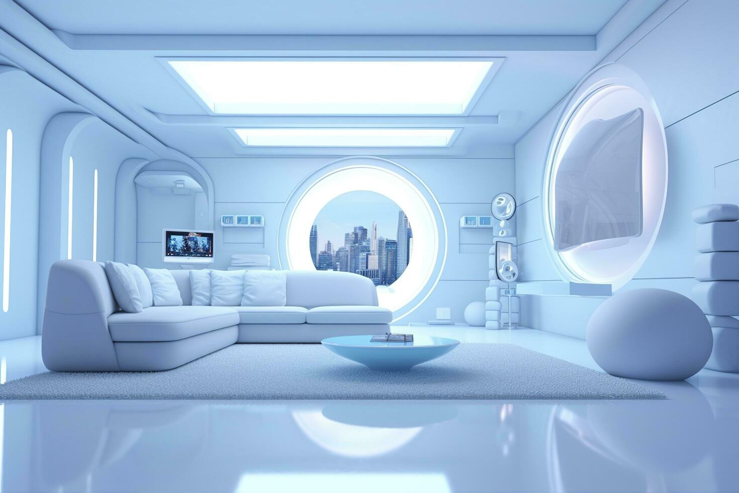 A professional and eye catching light blue with white living room in the metaverse, futuristic, AI Generative photo