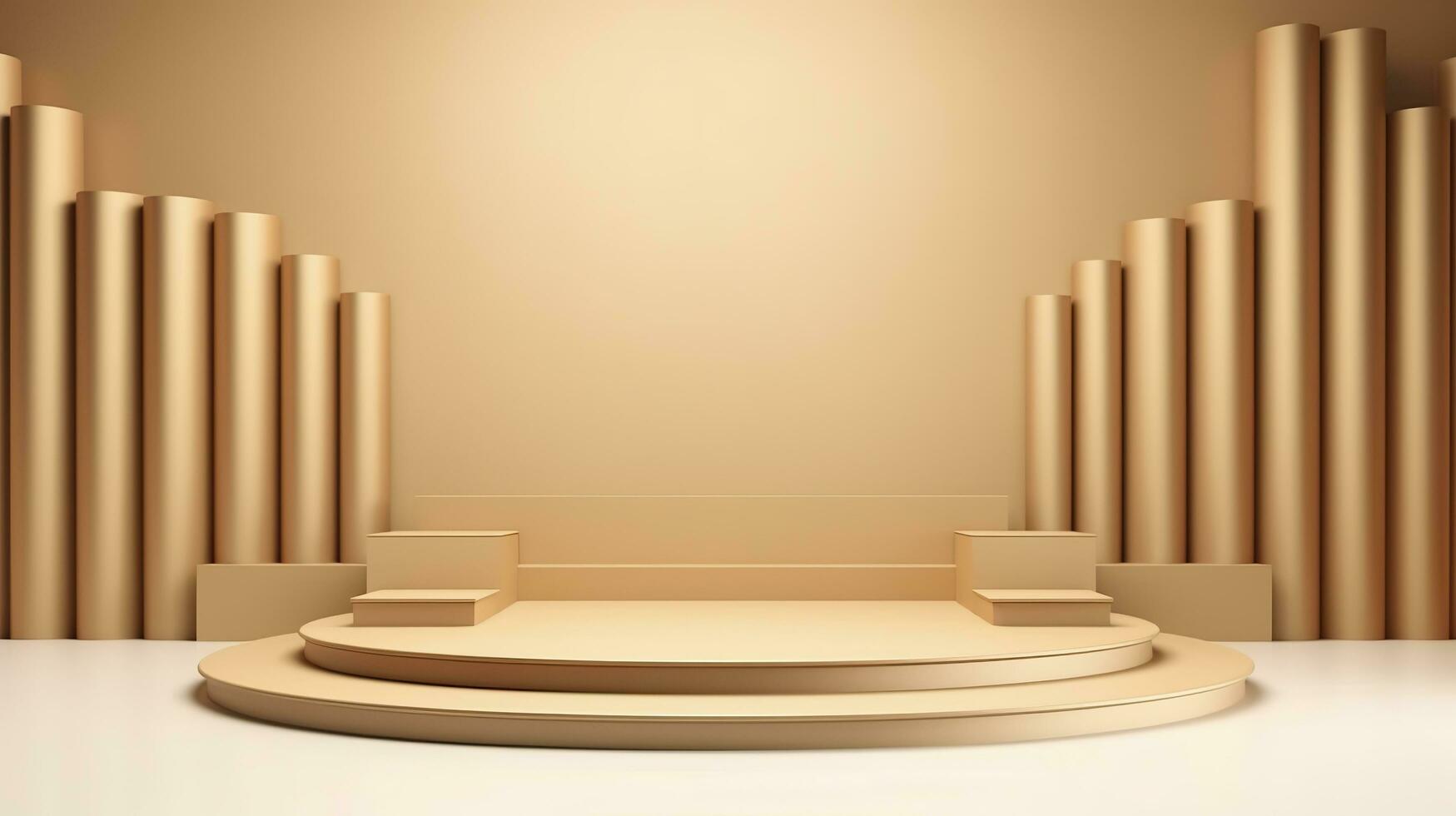 Podium with a parametric background. Stage showcase on pedestal display, 3d rendering. AI Generative photo