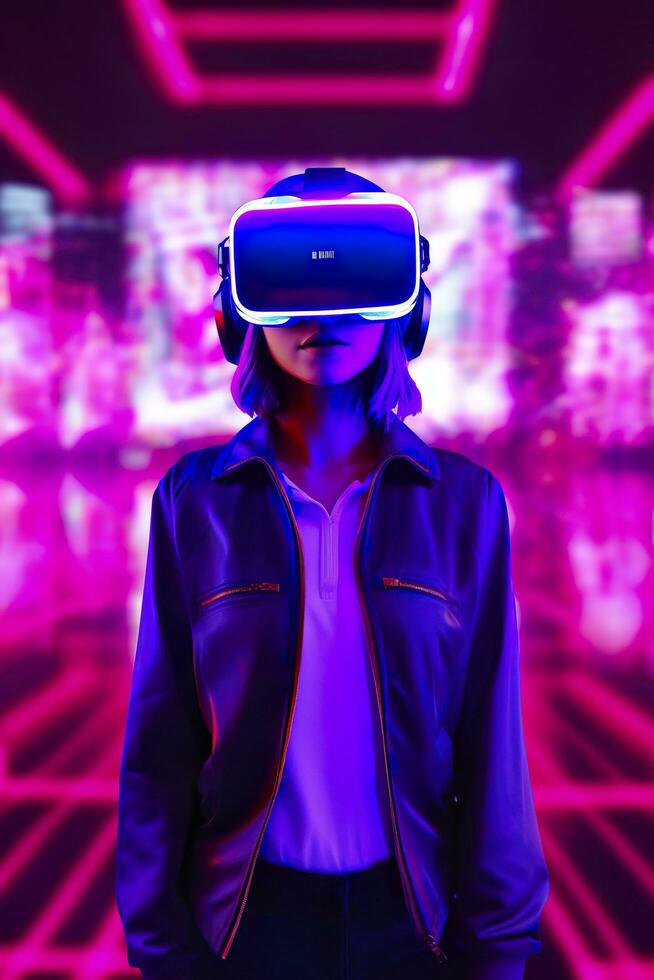 un joven asiático mujer es utilizando un virtual realidad auriculares. neón ligero estudio retrato. concepto de virtual realidad, simulación, juego de azar, y futuro tecnología. ai generativo foto