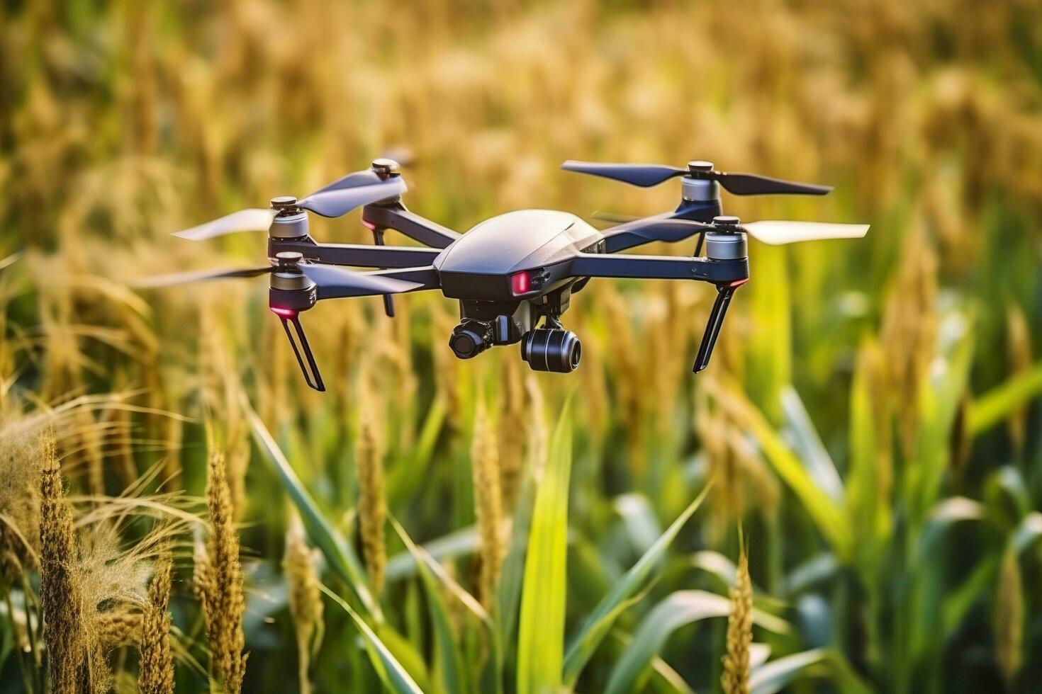 Drone monitoring crops and smart agriculture in a digital farming.  AI Generative photo