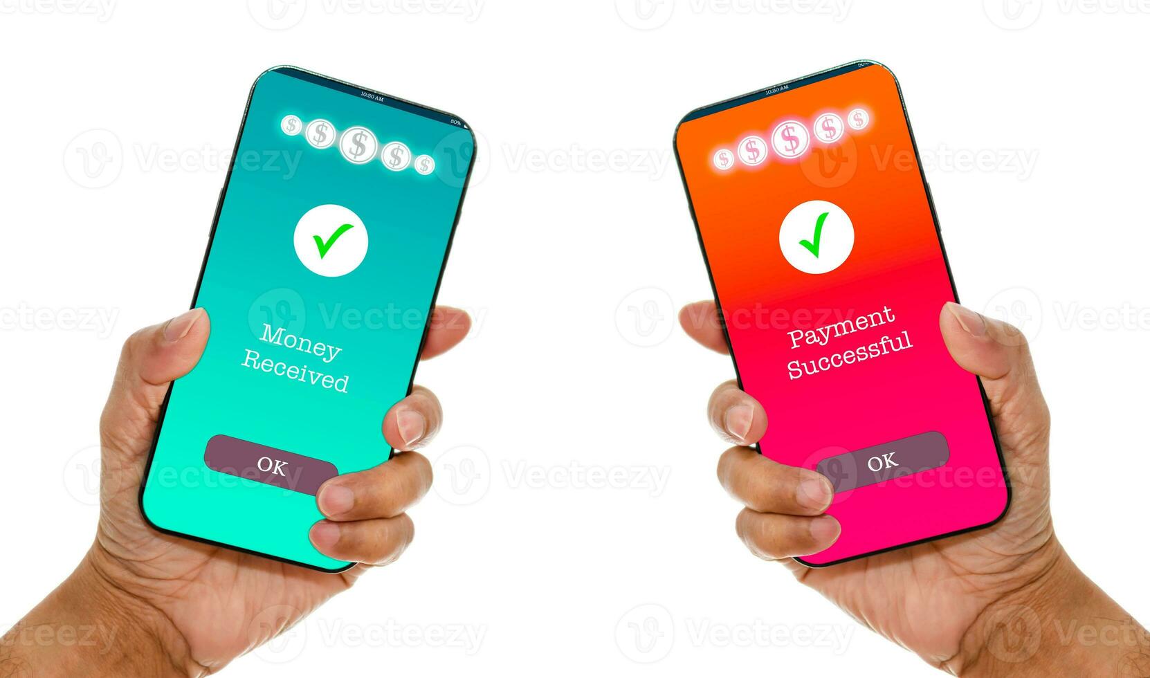 A man's hand holds a smartphone on screen with the messages payment successful and Money received. Concept of financial transactions with mobile devices. Closeup, transfer, Payment. White background photo