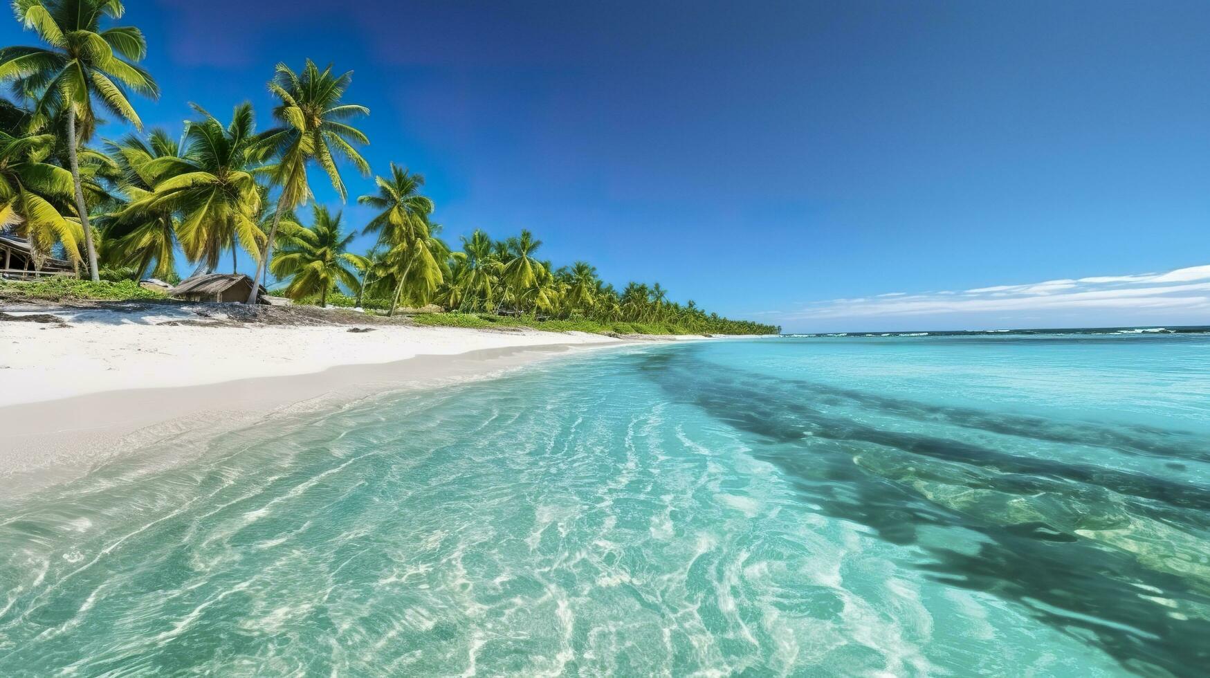 Tropical paradise beach with white sand and crystal clear blue water. Beautiful natural summer vacation holidays background. Travel tourism wide panorama background concept. AI Generative photo