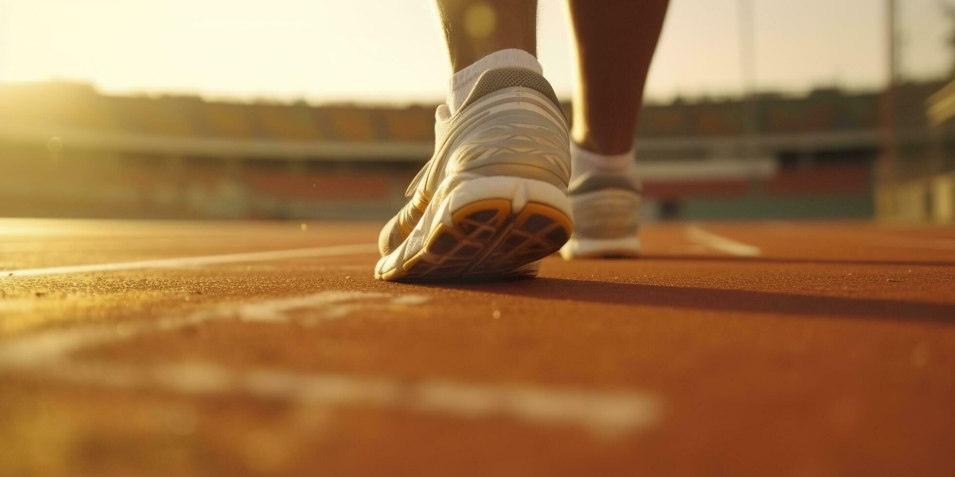 Runner feet running on a stadium, closeup on feet, sports background, space for copy, AI Generative photo