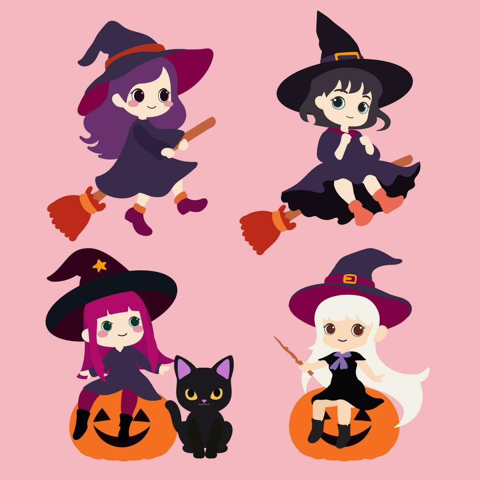 kawaii linda bruja vector conjunto para el Víspera de Todos los Santos día festivo.