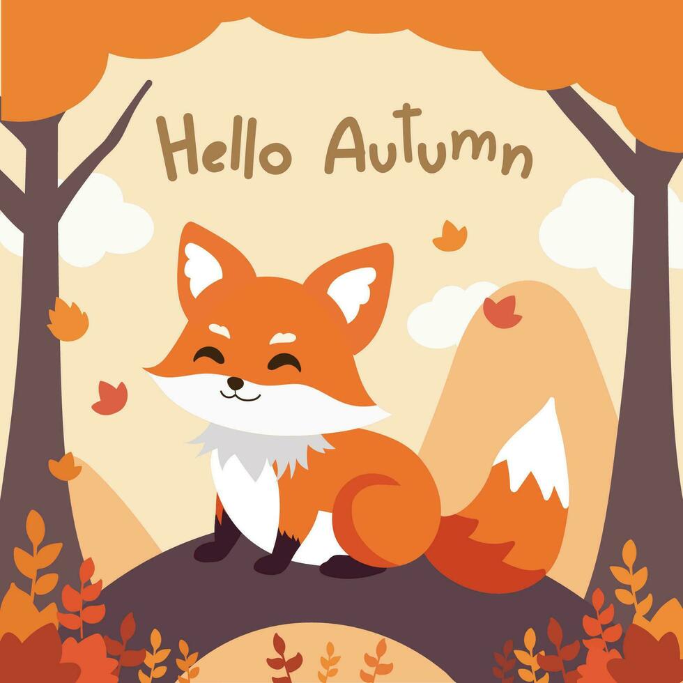 Hola, otoño. otoño texto, con linda zorro y mano dibujado vistoso otoño hojas. vector
