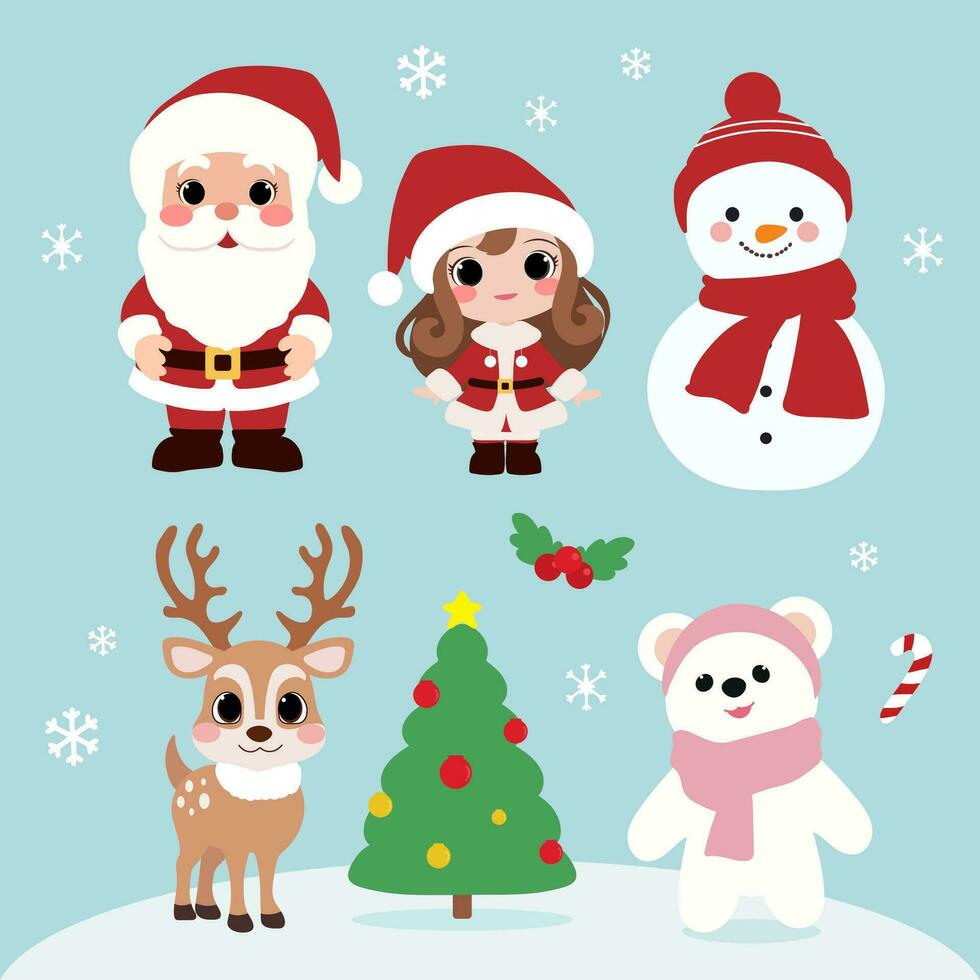 A set of Christmas characters, including Santa Claus, a snowman, a reindeer, a Christmas tree, and a polar bear. vector