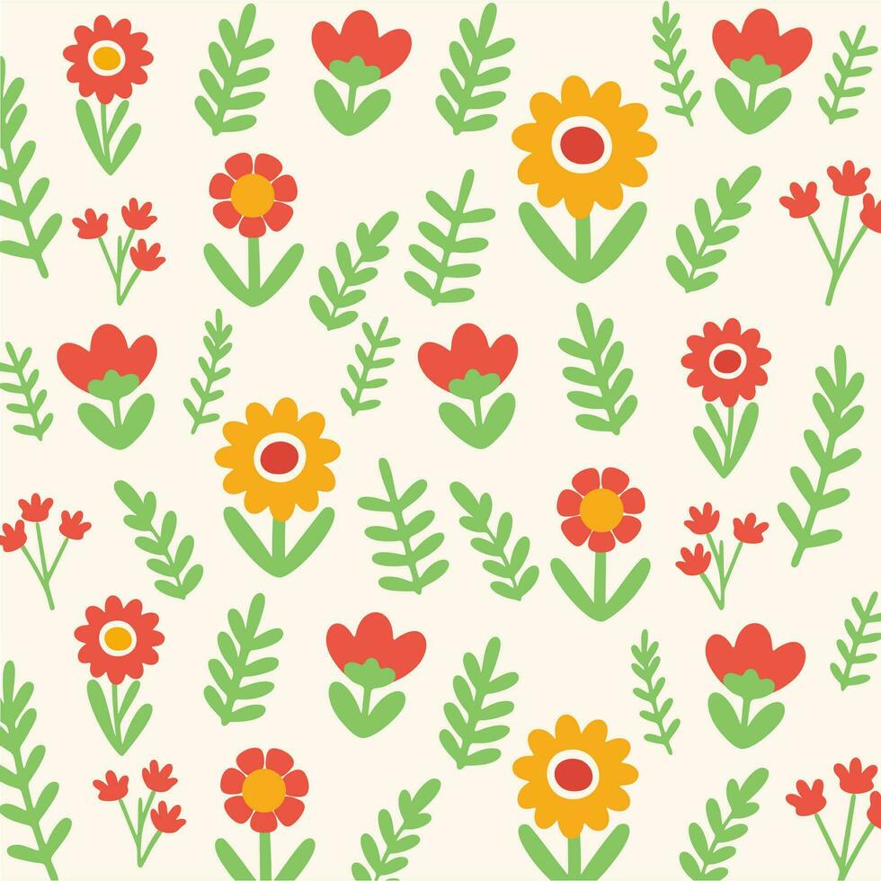 Floral Seamless Pattern.A vibrant and cheerful seamless pattern with colorful flowers and leaves on a yellow background. vector
