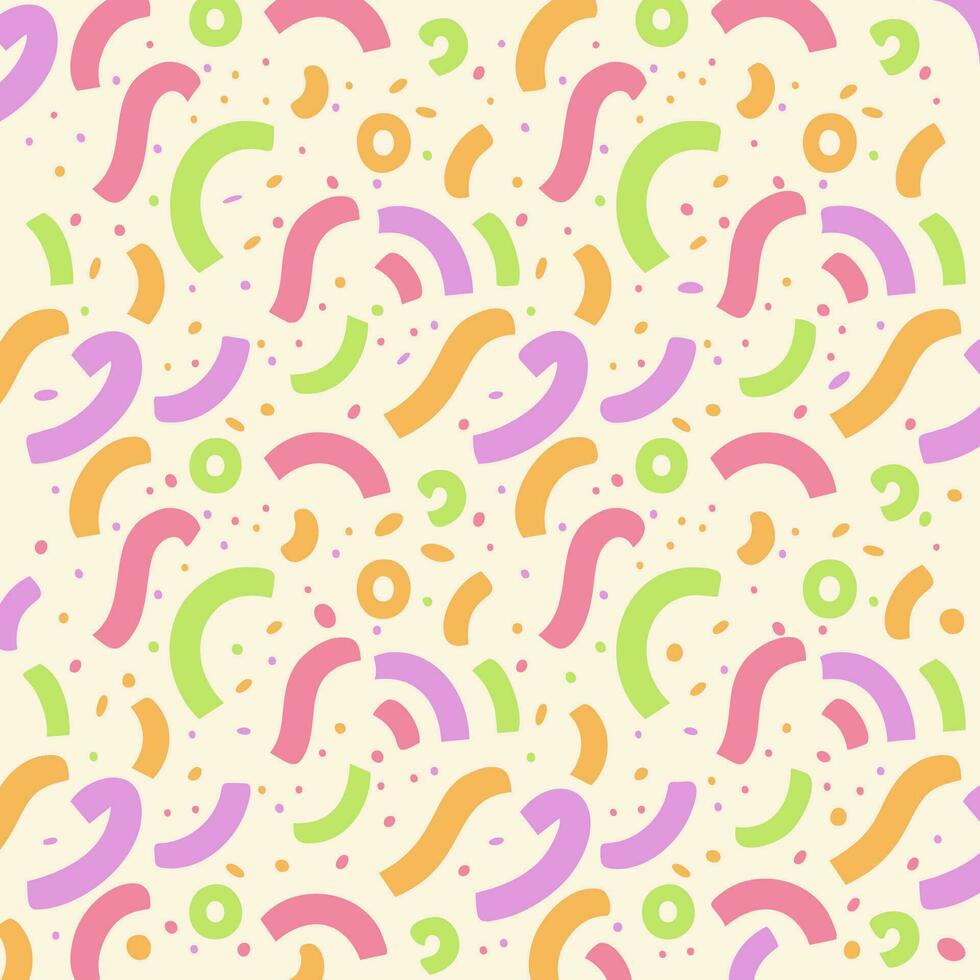 Pastel Confetti Doodle Seamless Pattern.A fun and playful seamless pattern with pastel colored confetti and doodles on a yellow background. vector