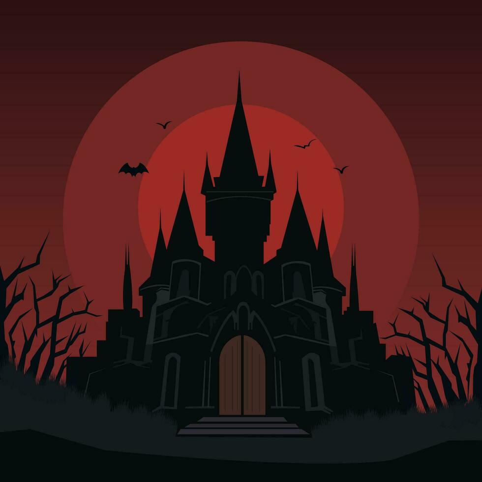 Halloween castle and bat. Horror house building castle. Isolated vector illustration.