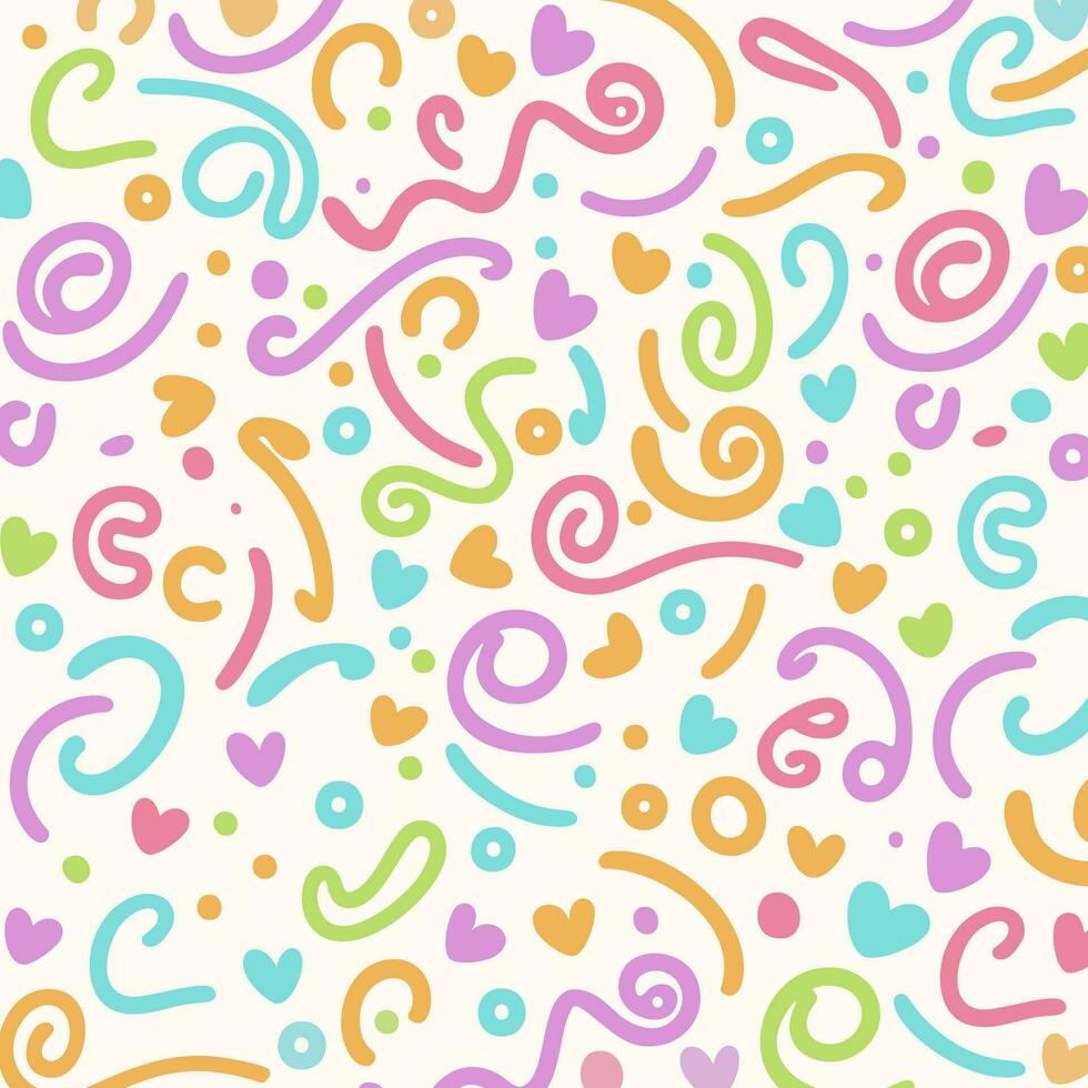 Pastel Abstract Childish Fun Seamless Pattern.A vibrant and playful seamless pattern with pastel colored abstract shapes, curves, and circles on a white background. vector