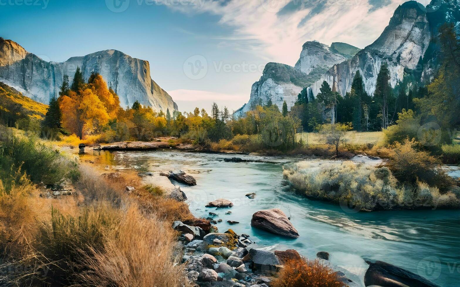 A Serene River Meandering Through the Majestic Canyon - A Captivating Landscape of Tranquility and Beauty. AI Generated photo