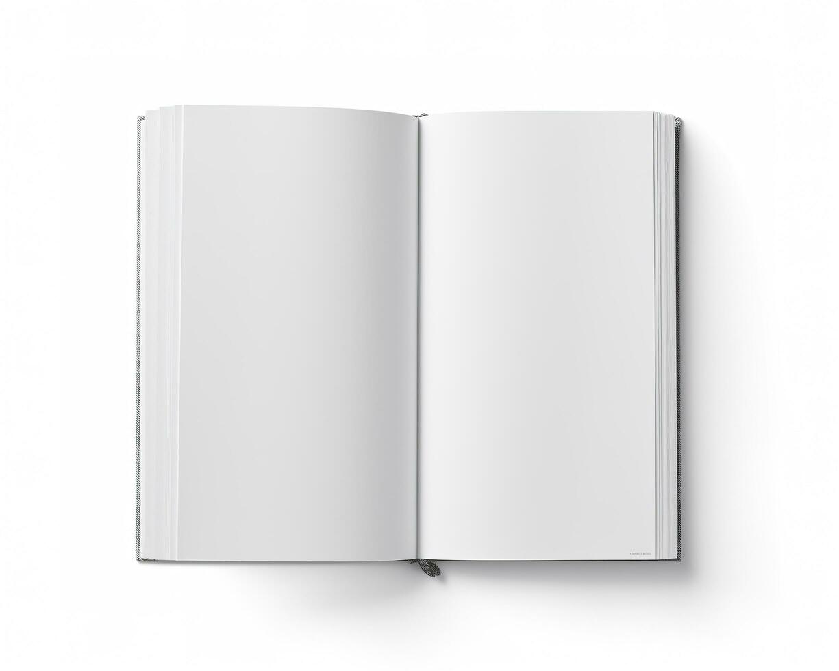 Blank opened book mockup, top view, isolated on white background. Generative AI photo