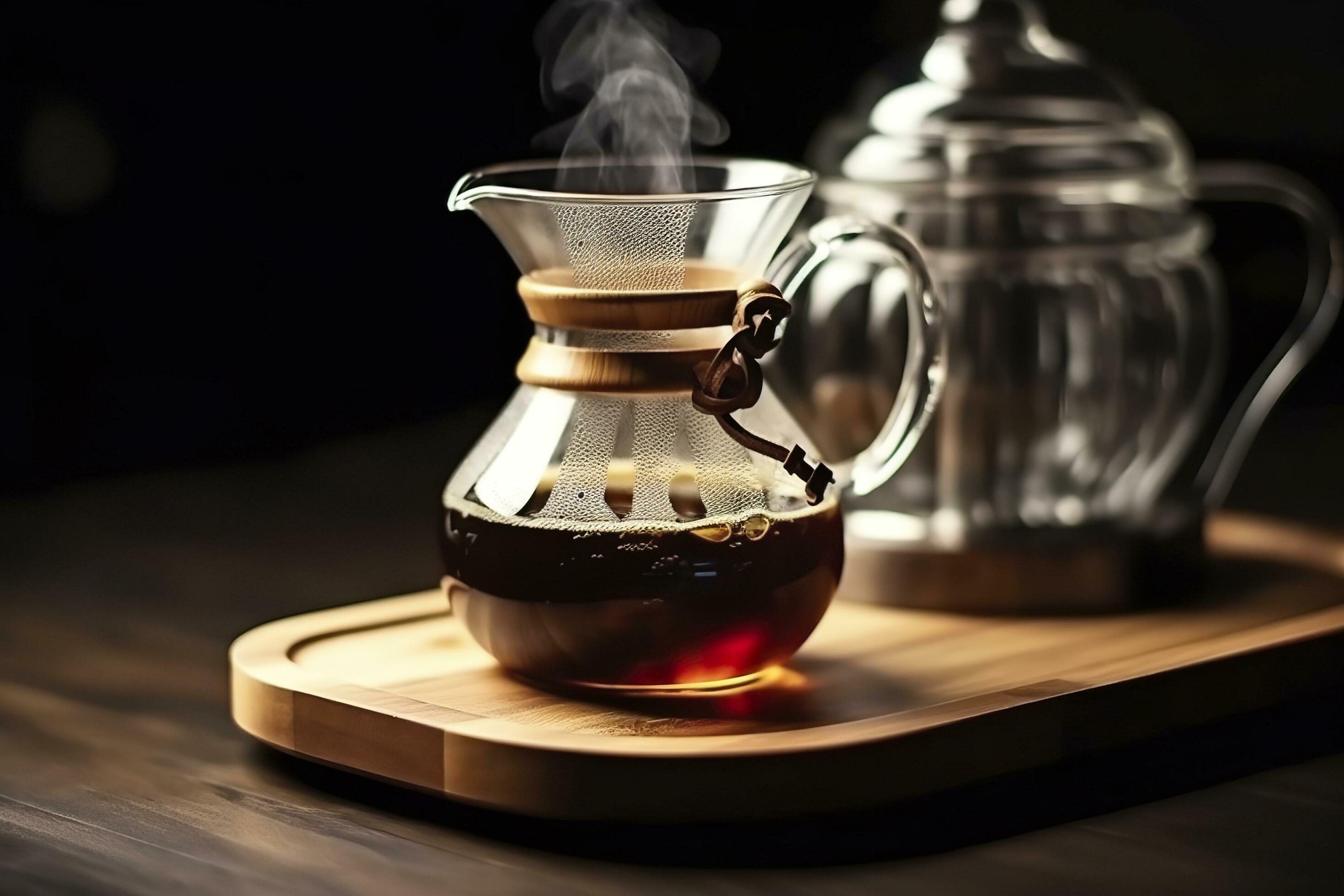 An alternative coffee brewing method is pure over, a glass teapot on a
