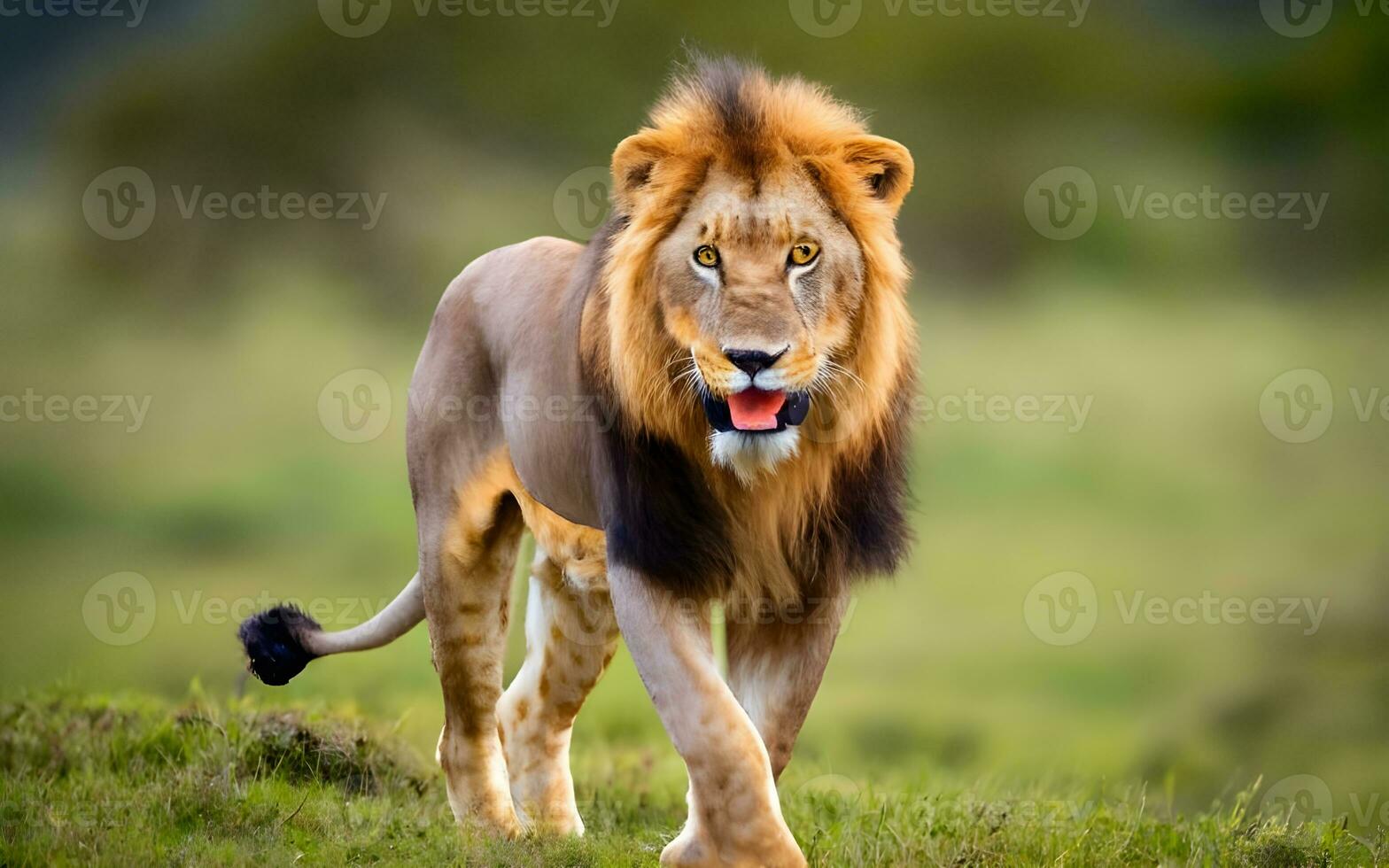 un asombroso vislumbrar dentro el poderoso presencia de un león itinerancia el salvaje sabana. ai generado foto