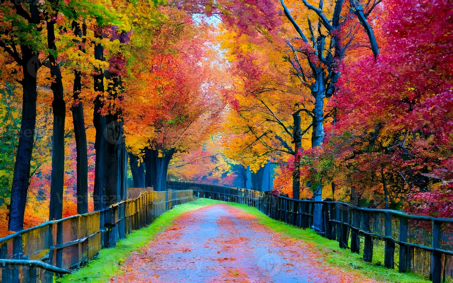 A Symphony of Autumn, Reveling in the Vibrant Tapestry of Colors Adorning a Majestic Forest. AI Generated photo