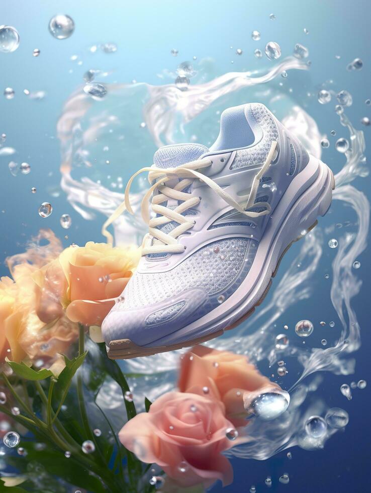 Sports shoes surrounded by transparent flowers, splashing with water droplets, emitting light white blue, AI Generative photo