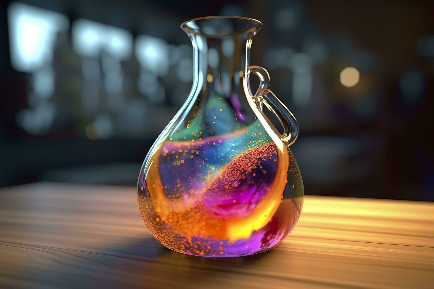 Close Up of a Science Beaker Filled with Multi Colored Liquids. AI Generative photo